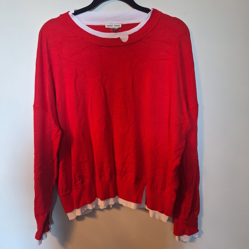 Sweet Romeo Red Layered Look Crewneck White Trim Pullover Sweater